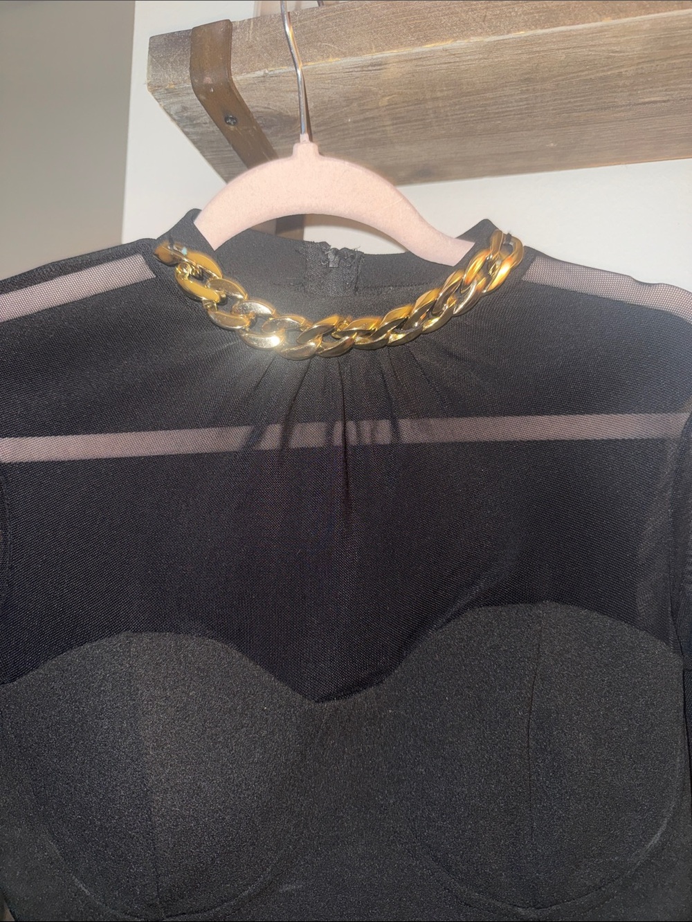 privy Black Sheer Long-Sleeve Crop Top with Gold Chain - Picture 2 of 4
